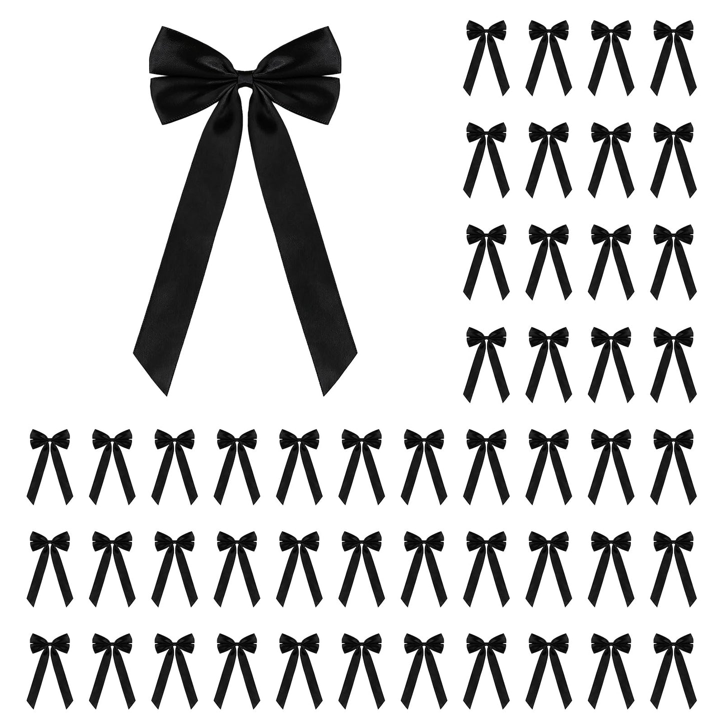 50Pcs Black Satin Bows for Christmas Tree, 4 x 8 inch Xmas Ornaments with Pre-Made Twist Ties & Self-Adhesive, for Tree Cabinet Front Door Wreath Holiday Home Decor