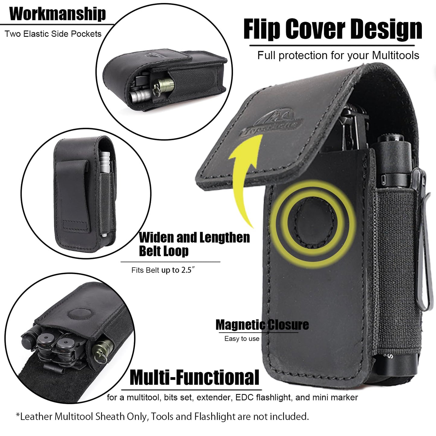 Topstache Leather Multitool Sheath - Multitool Holster for Belt - Pocket Organizer for Work - Multi Tool Holder for Leatherman, Gerber, SOG - Magnetic Closure EDC Belt Pouch, M, Black