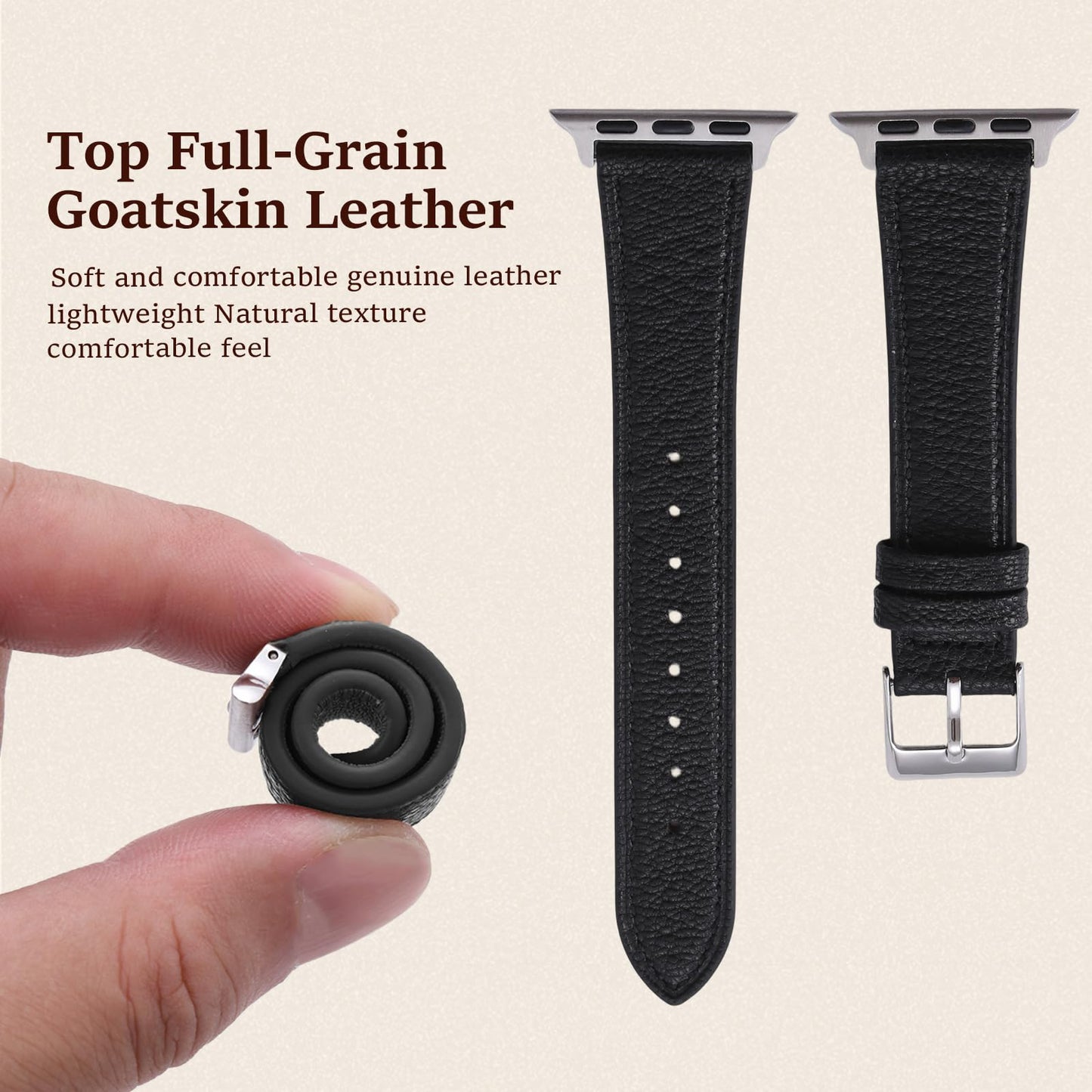 Soft French Goatskin Women's Slim Leather Band Compatible with Apple Watch 38mm 40mm 41mm 42mm 44mm 45mm 46mm 49mm, Lightweight Thin Leather Strap for iWatch Series Ultra SE 11 10 9 8 7 6 5 4 3 2 1