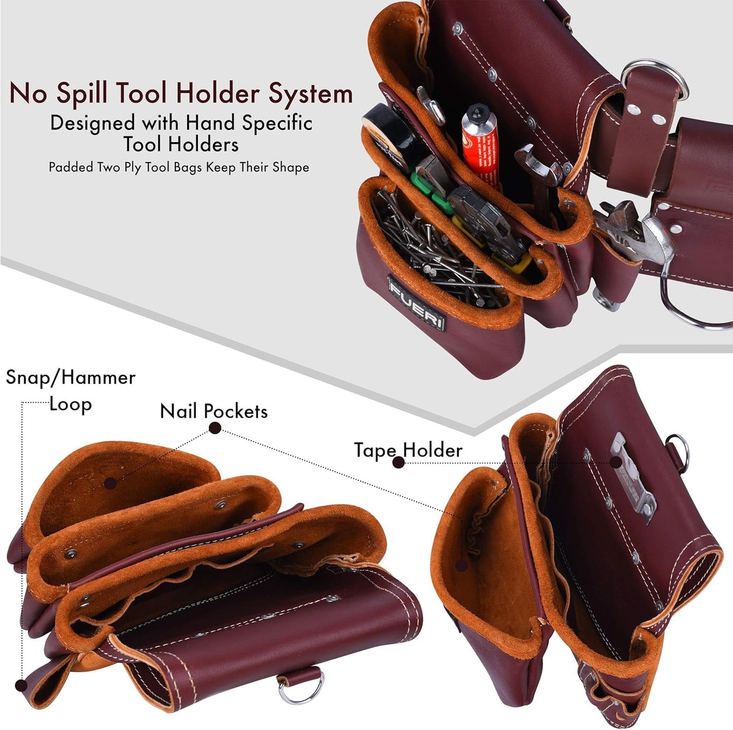 FUERI Leather Tool Belt 17 Pocket Pouches Bags Men Suspenders Holder Organizer for Carpenter Construction Electrician - Maroon