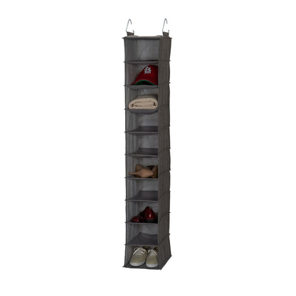 Household Essentials 10-Shelf Wide Hanging Shoe Organizer, Soft and Durable Polyester, Versatile, Breathable, Stylish, Compact, Sturdy Hooks for Rod or Wire Closets, Gray