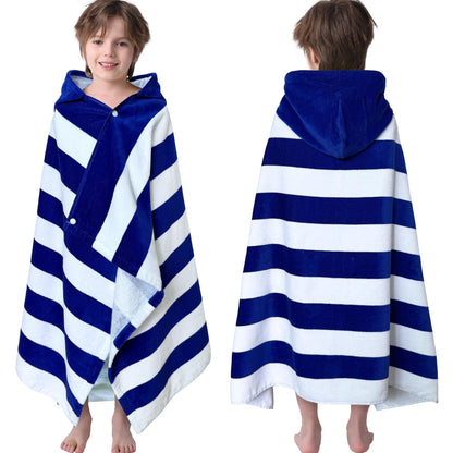 VOOVA & MOVAS Kids Beach Towel Wrap with Hood (3-8 Years, 30''x50'') - 100% Cotton Soft Absorbent Towel for Boys, Pool, Bath, Swimming & Beach - Blue Cabana Stripe Design