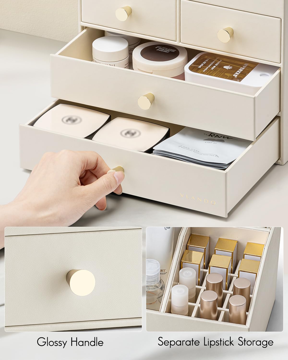 VLANDO Makeup Organizer for Vanity, PU Leather Cosmetic Organizer with 4 Drawers, Large Bathroom Countertop Skin Care Storage for Perfume Lipstick Brushes, Dresser Organizer for Women-Beige