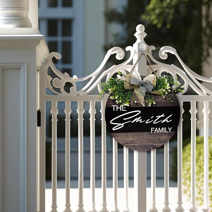 Personalized Custom Door Sign with Family Name Wooden Customized Welcome Sign for Front Door with Bow Rustic Customize Wreath Hanger Plaque Gift for Home Farmhouse Wall Outdoor Decor 12 inch