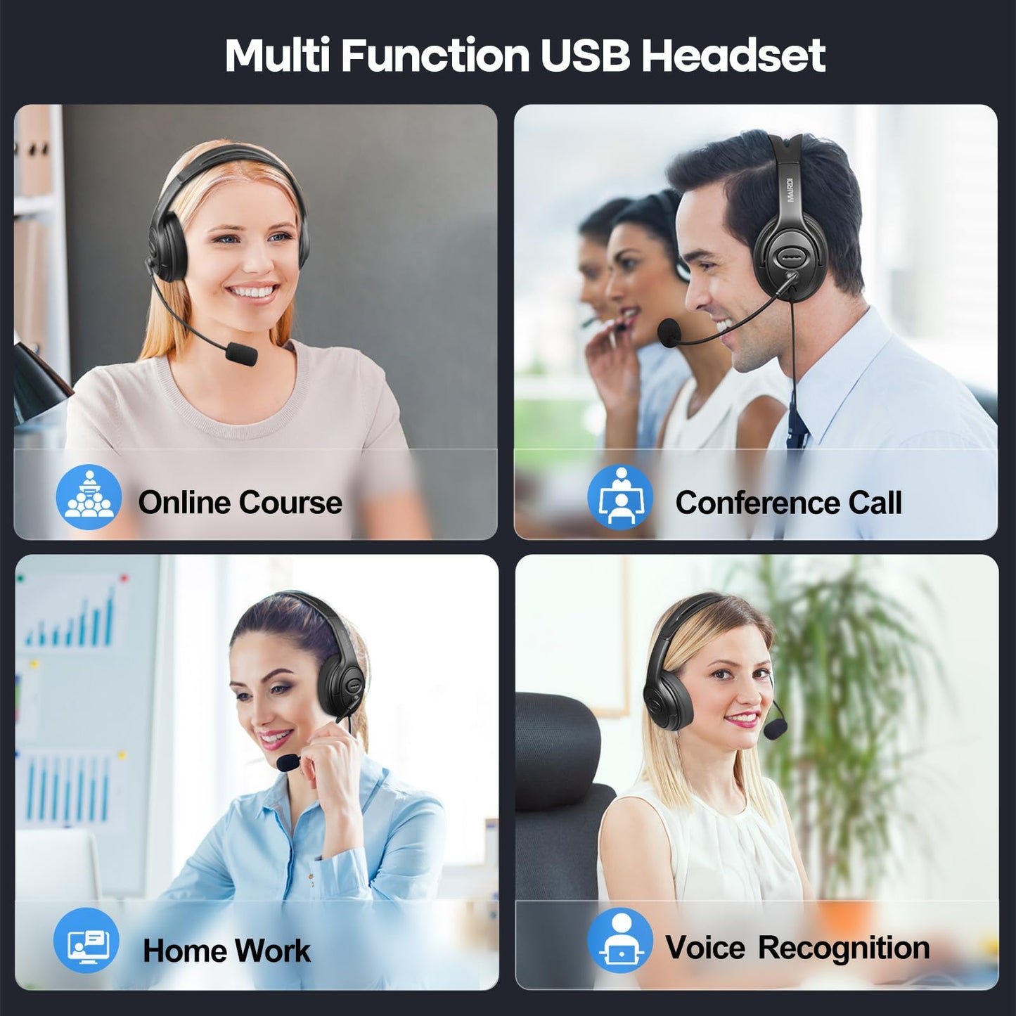 MAIRDI USB Headset with Microphone for PC, Computer Headset with Mic Noise Canceling for Laptop Teams Zoom Office Work Call Center Business Softphone, Dictation Headset for Dragon Naturelly Speaking