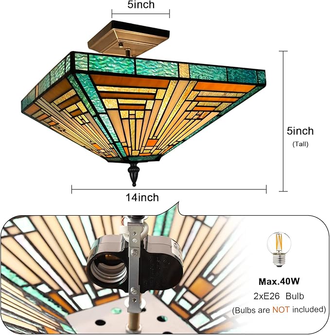 Capulina Tiffany Lamp Stained Glass Ceiling Light 2 Light 14 Inches Wide Amber Green Tiffany Style Semi Flush Mount Ceiling Lamp for Kitchen Porch Entryway Bathroom Hallway