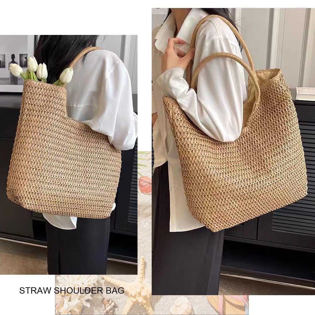 YAVCOOL Straw Beach Bags for Women Woven Beach Tote Bag Casual Boho Large Shoulder Handbags Purse for Vacation Holiday