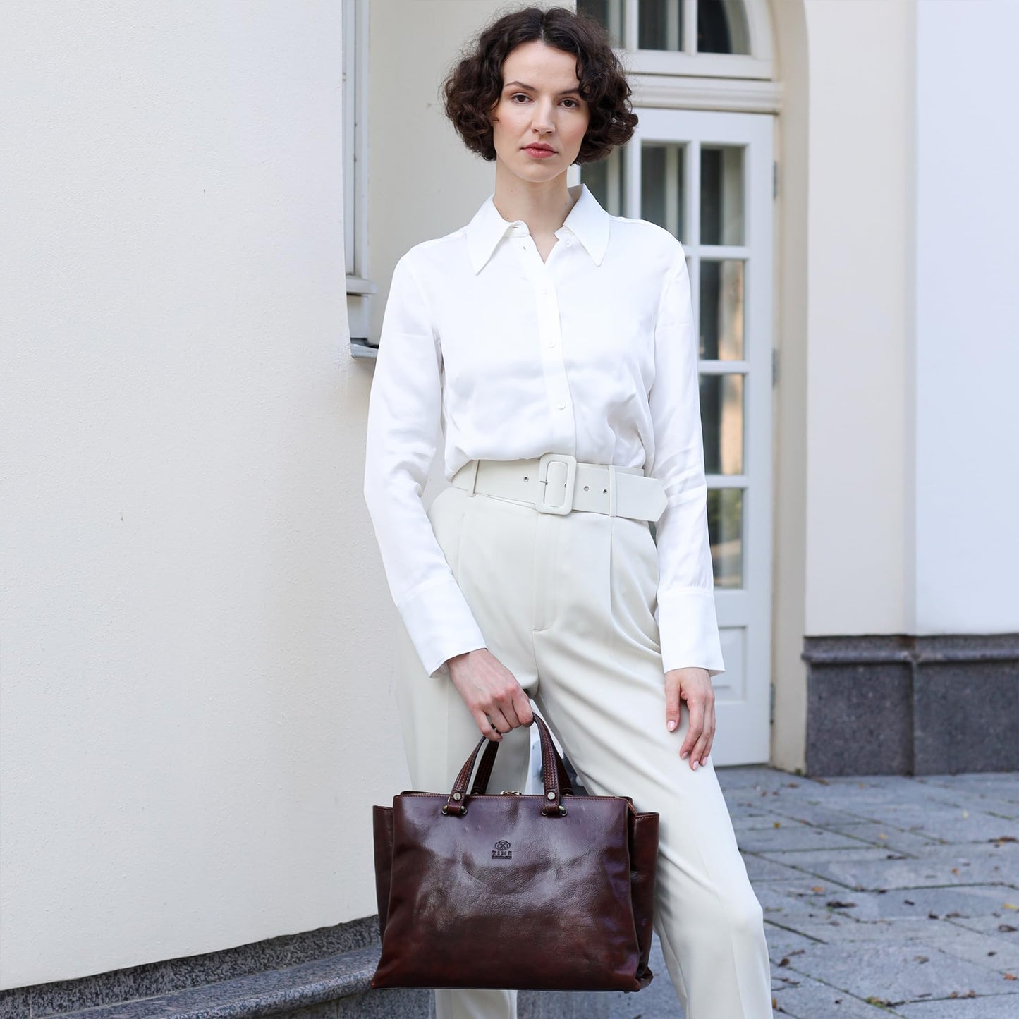 Time Resistance Leather Handbag for Women - Italian Handmade Top Handle Bag - Purse (Brown)