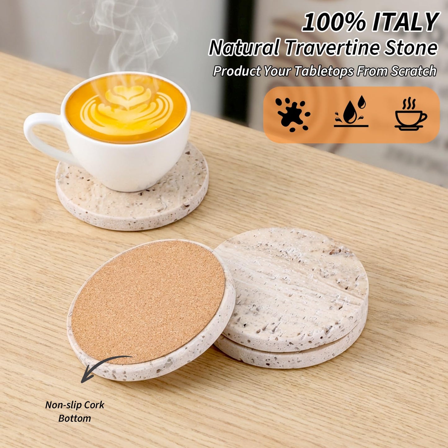 Giloaou Travertine Coasters Set of 4, Marble Absorbent Coaster with Non-Slip Cork Backing, 4'' Round Stone Drink Coasters for Home & Office - Protect Tables from Stains & Scratches