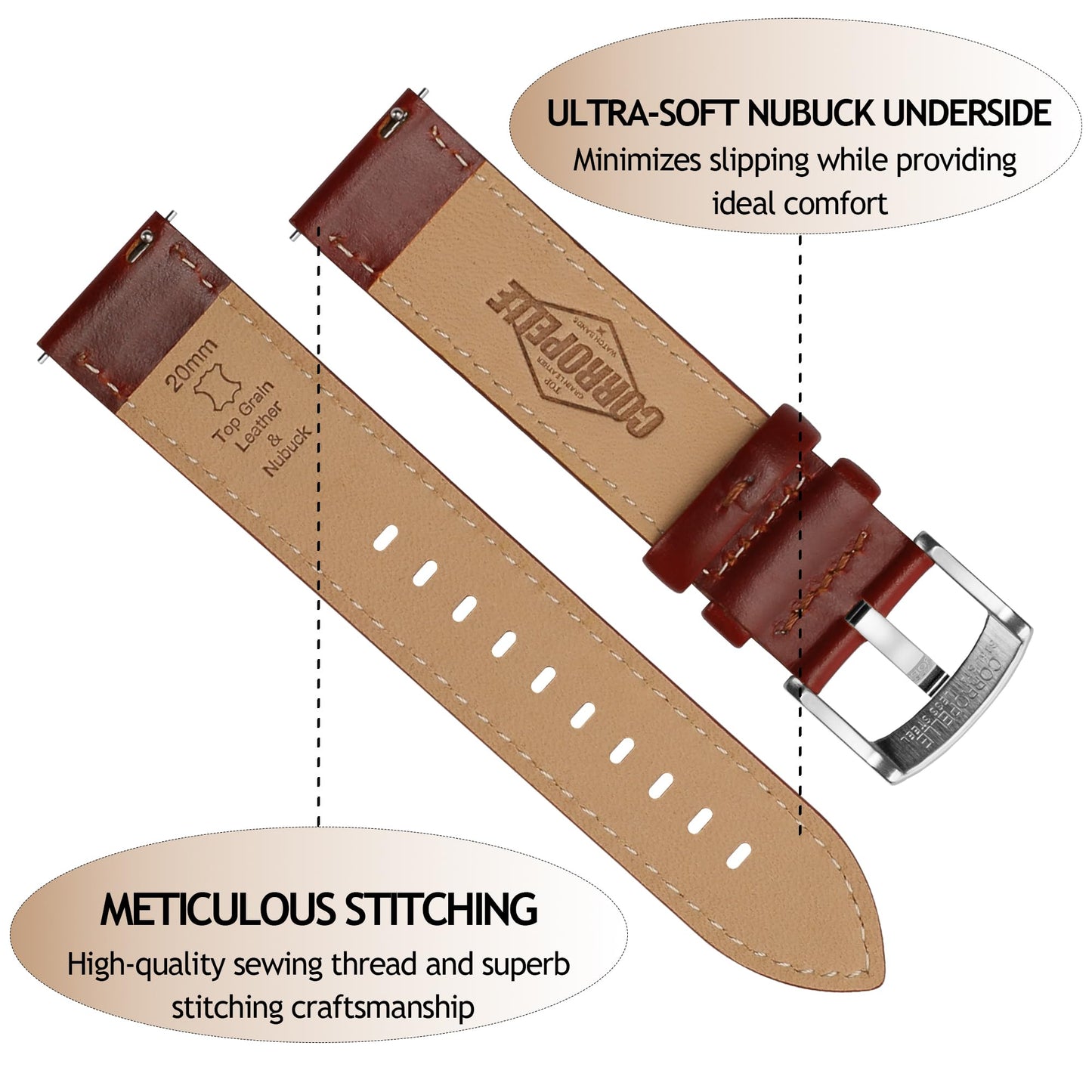 CORROPELLE Leather Watch Bands Quick Release, Elegant Top Grain Leather Watch Straps Band Replacement for Men and Women, Watch and Smartwatch, Choice of Width 18mm 19mm 20mm 21mm 22mm