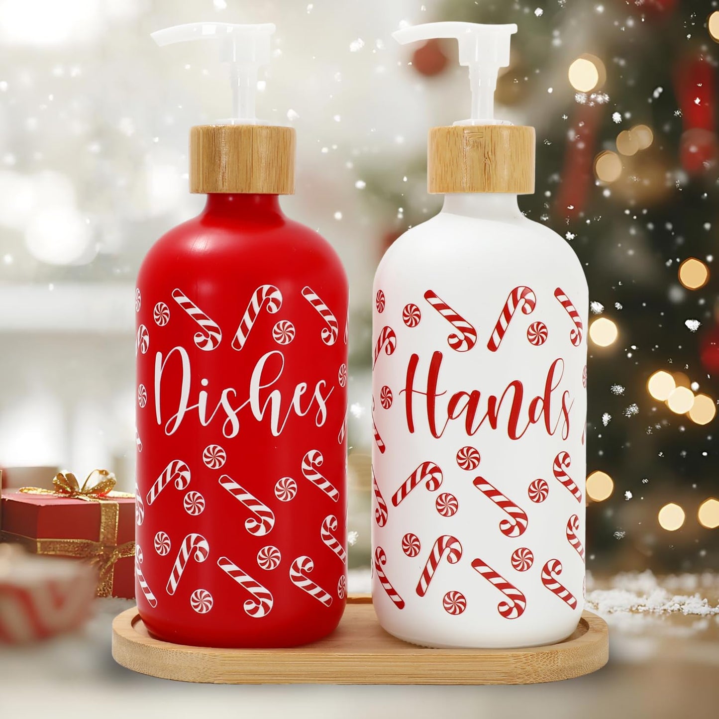 FYSUIMU 2 Pcs Christmas Soap Dispenser Glass Soap Dispenser with Pump Red Xmas Candy Cane Refillable Liquid Container for Hands Dishes Party Home Kitchen Bathroom Decor