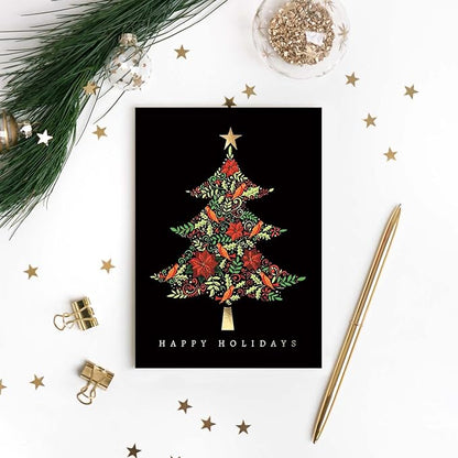 Masterpiece Tapestry Christmas Tree Cards / 16 Winter Holiday Cards Set With Gold Foil Accents And Coordinating Gold Foil Lined White Envelopes / 5 5/8" x 7 7/8" Folded Greeting Cards With Inside Verse