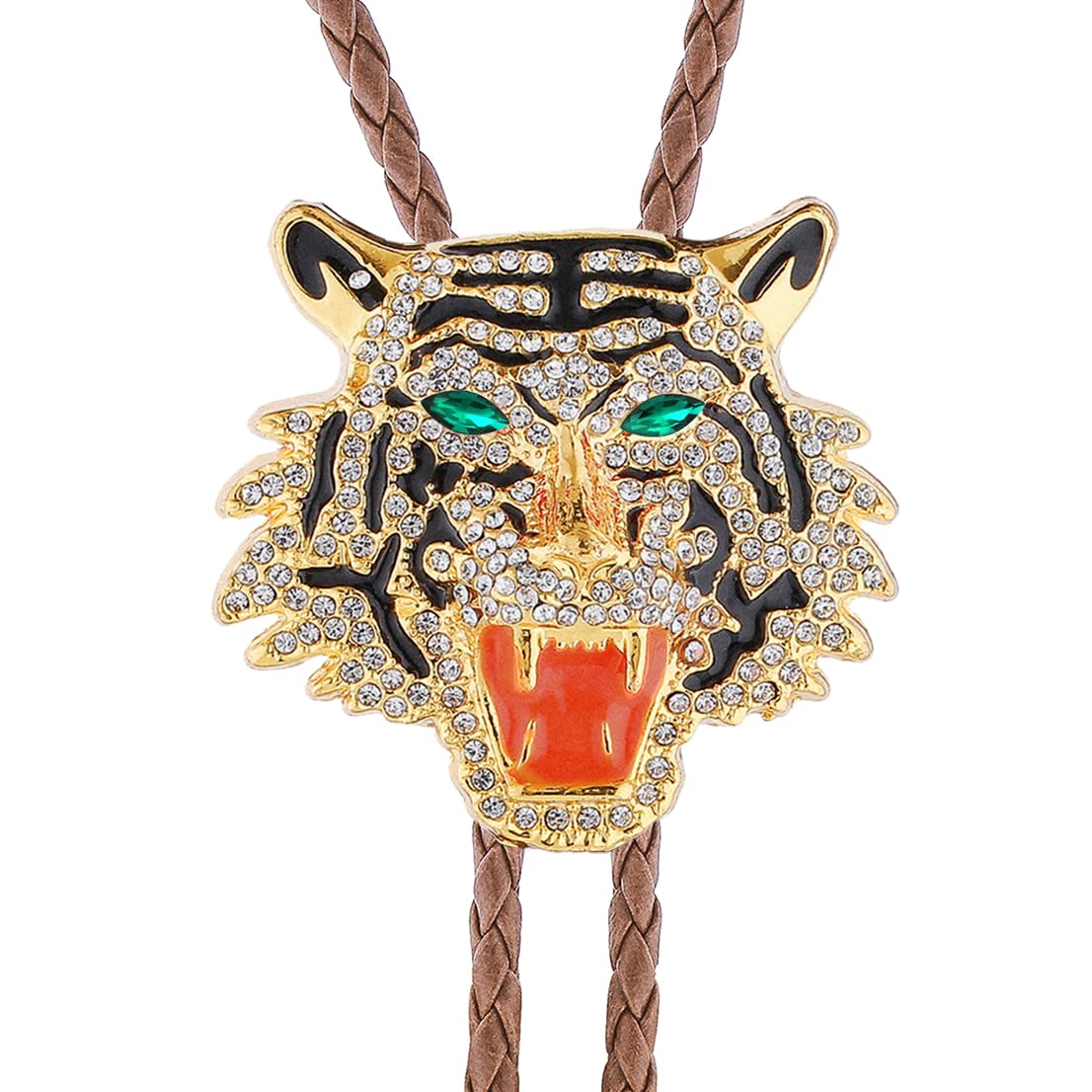 GelConnie Formal Bolo Tie for Men Rhinestone Gold Tiger Head Bola Brown Rope Bolo Tie Wedding Necklace Western Cowboy Necktie