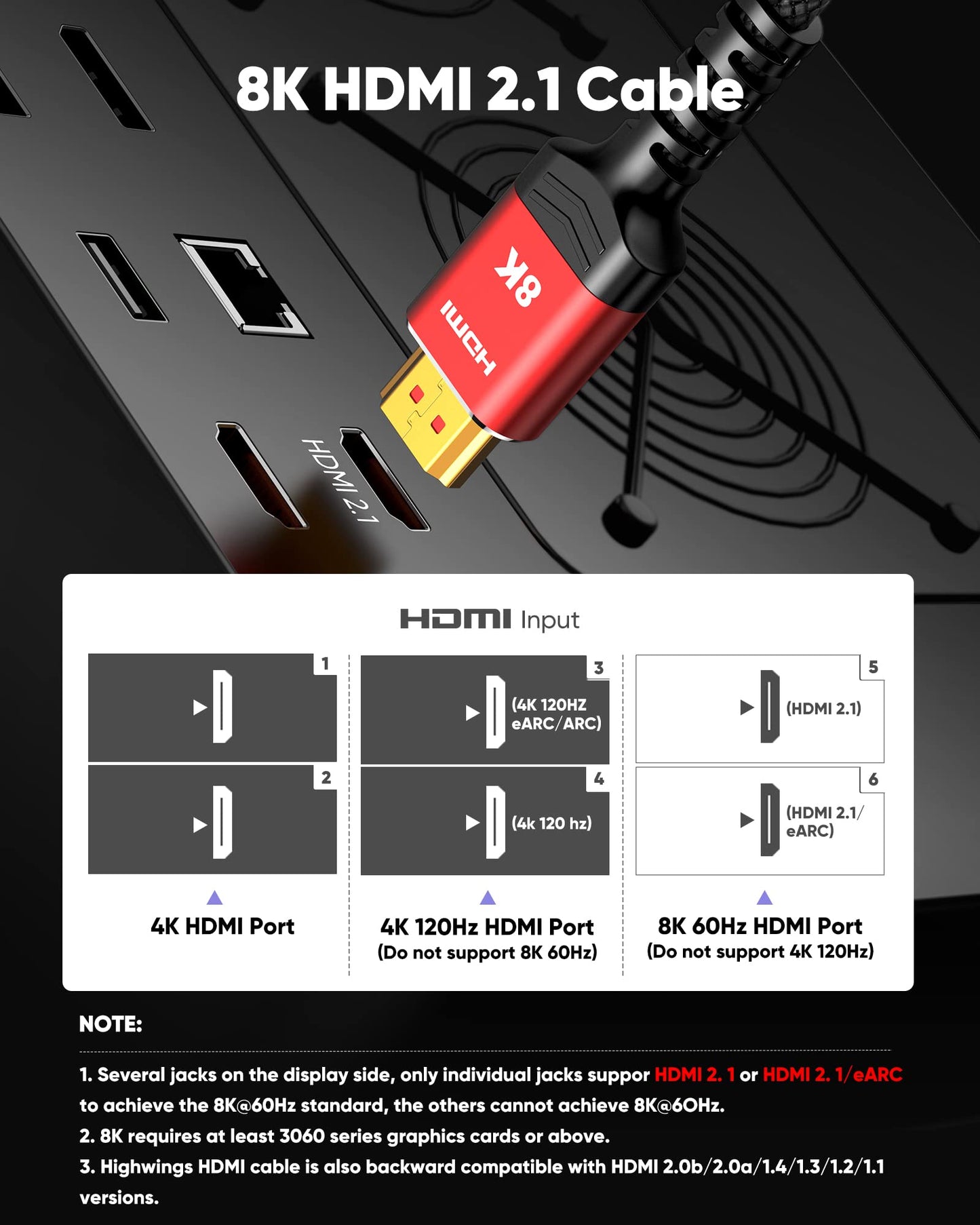 Highwings 8K 10K HDMI 2.1 Cable 6.6FT/2M 2-Pack, Certified Ultra High Speed HDMI Cable Braided Cord-4K@120Hz 8K@60Hz, DTS:X, HDCP 2.2 & 2.3, HDR 10 Compatible with Roku TV/HDTV/Blu-ray