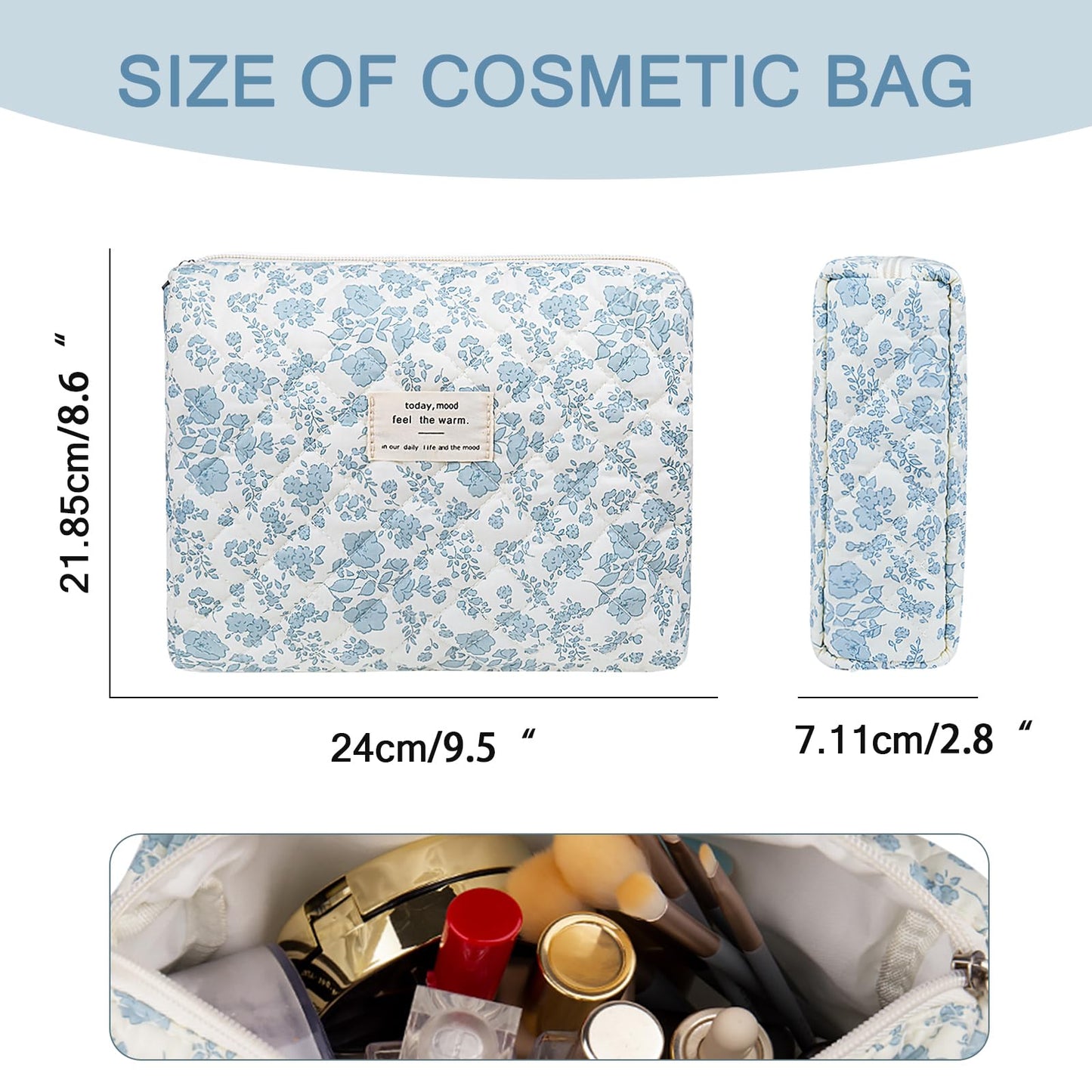 Gosect Floral Makeup Bag, Large Cosmetic Bag for Women Girls, Cute Cotton Make up Pouch, Quilted Makeup Bags, Flower Travel Toiletry Organizer Bag(Blue Floral)