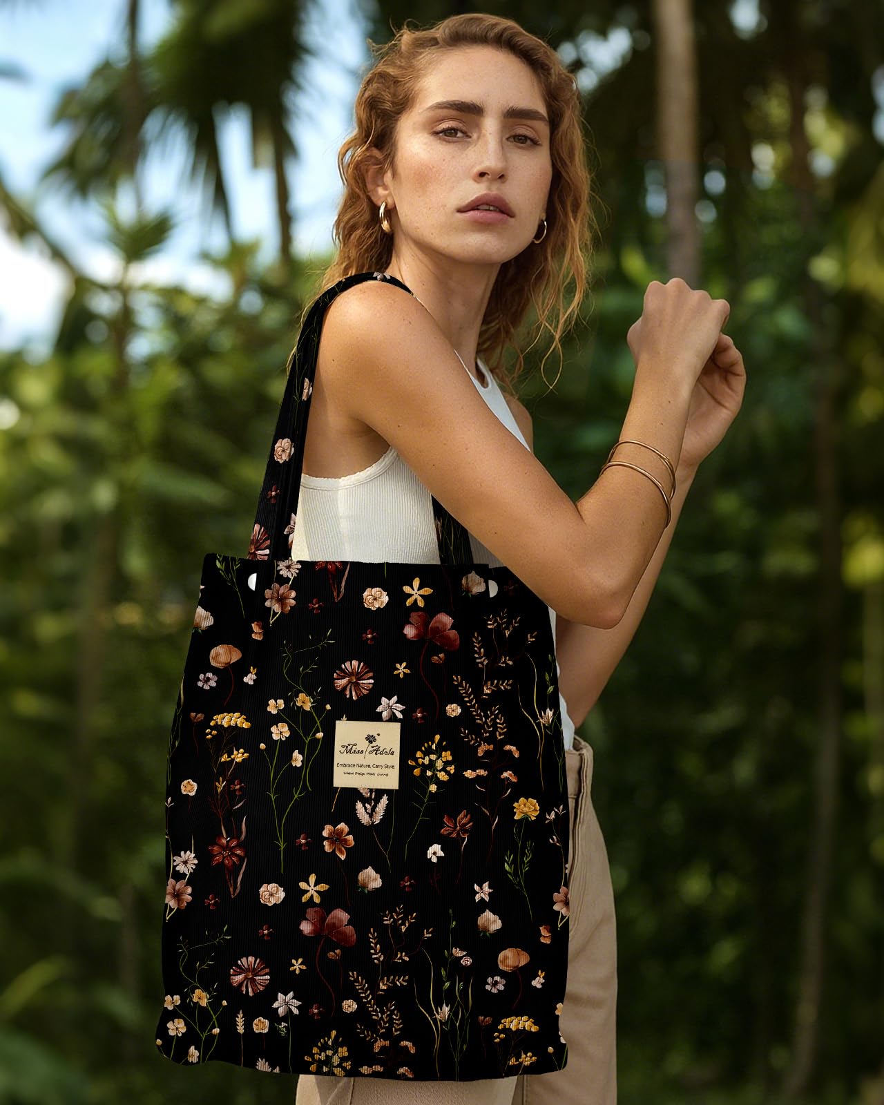 Miss Adola Corduroy Tote Bag for Women - Reusable Totes with Magnetic Buckle & Pocket Stylish Aesthetic Design Work Bags for Shopping Travel Grocery Bags, Black Grow Flower