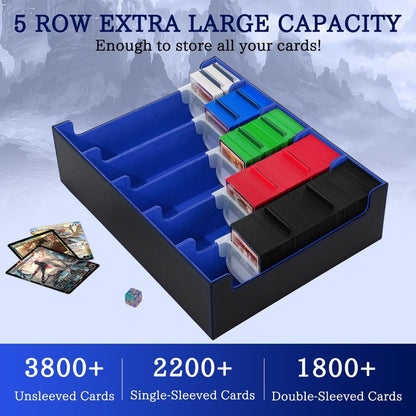 5 Row Trading Card Storage Box, 3800+Bulk Card Organizer Box with 20 Dividers & 5 Supporters, Graded Card Deck Box for YuGiOh, MTG, TCG Black/Blue