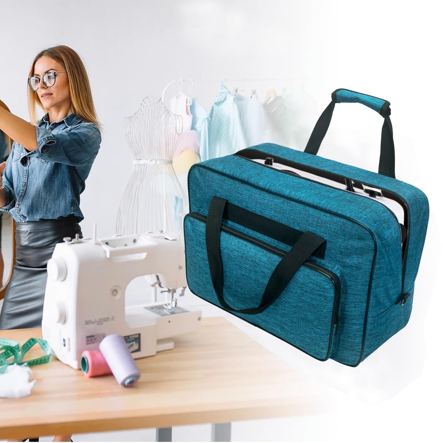 Haroranax Sewing Machine Carrying Case with Padded Handles, Suitable for Most Standard Household Sewing Machines Compatible with Singer, Brother, Janome - Peacock blue