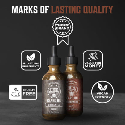 Viking Revolution Sandalwood Beard Oil for Men - Natural Mens Beard Oil with Argan Oil and Jojoba Oil - Beard Softener, Strengthens and Moisturizes - Beard Conditioner for Men (Sandalwood, 1 Pack)