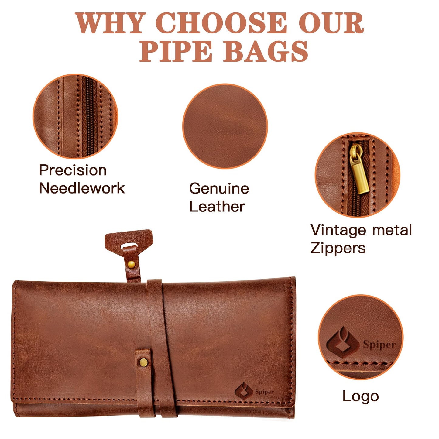 SPIPER PU Leather Tobacco Pipe Bag, Contains Up to 7 Pouches With Different Functions， Handmade Pipe Tool Pouch, Portable Tobacco Bag, Smell Poof Pouch, Great Gift (Brown)