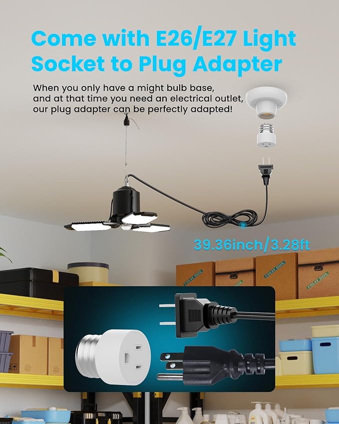 Garage Motion Sensor Lights Plug-in 2Pack, 8000LM Super Bright Motion Activated LED Shop Light, 360° Detection & Retractable Steel Wire, Indoor Motion Light Bulb for Attic/Barn