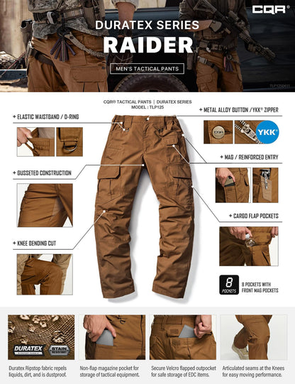 CQR Men's Tactical Pants, Water Resistant Ripstop Cargo Pants, Lightweight EDC Work Hiking Pants, Outdoor Apparel, Duratex Mag Pocket Copper Brown, 44W x 30L