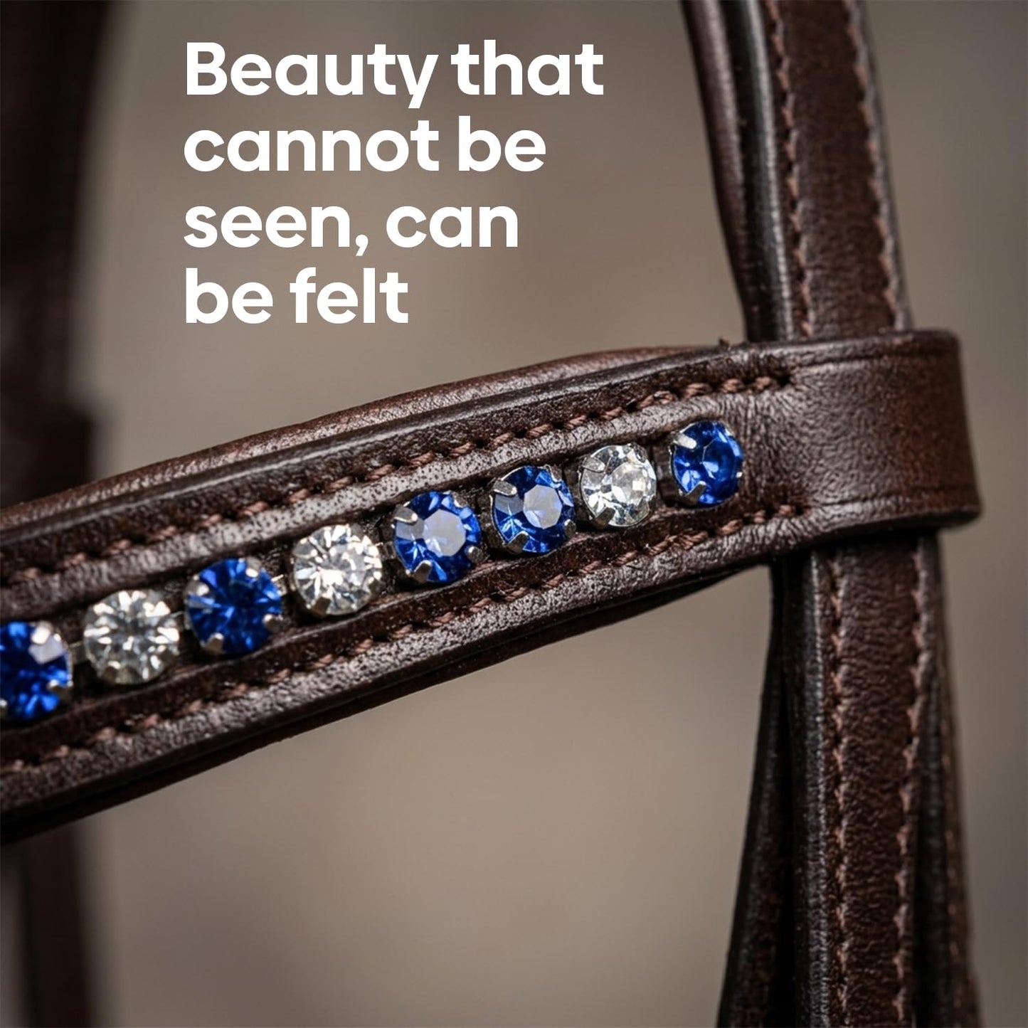 Equine Care Leather English Horse Bridle with Reins, Full Size Havana Brown, Raised Fancy-Stitched Hunter Show Bridle with Blue & Clear Crystal Browband, Padded Crownpiece, Stainless Steel Hardware.