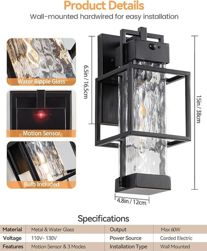 Outdoor Motion Sensor Lights 2 Pack, Dusk to Dawn Outdoor Lighting Exterior Lighting Fixtures with Water Glass, Waterproof Sconce Wall Mount for House Porch Patio Garage, Bulb Included