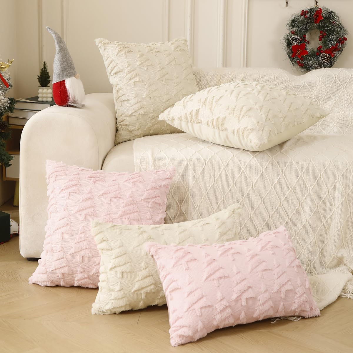 All Smiles Christmas Decorative Pillow Covers 18x18 Set of 2, Xmas Navidad Ornaments Soft Plush Faux Fur,Decorations Winter Holiday Couch Cases Home Decor for Sofa Livingroom Bed,Pink