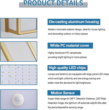 Motion Sensor Outdoor Wall Sconce LED 30W Aluminum - Gold Modern Exterior Light Fixture, 3000K Warm,IP65 Waterproof Rectangular Porch Lighting,for Patio,Garage,Front Door