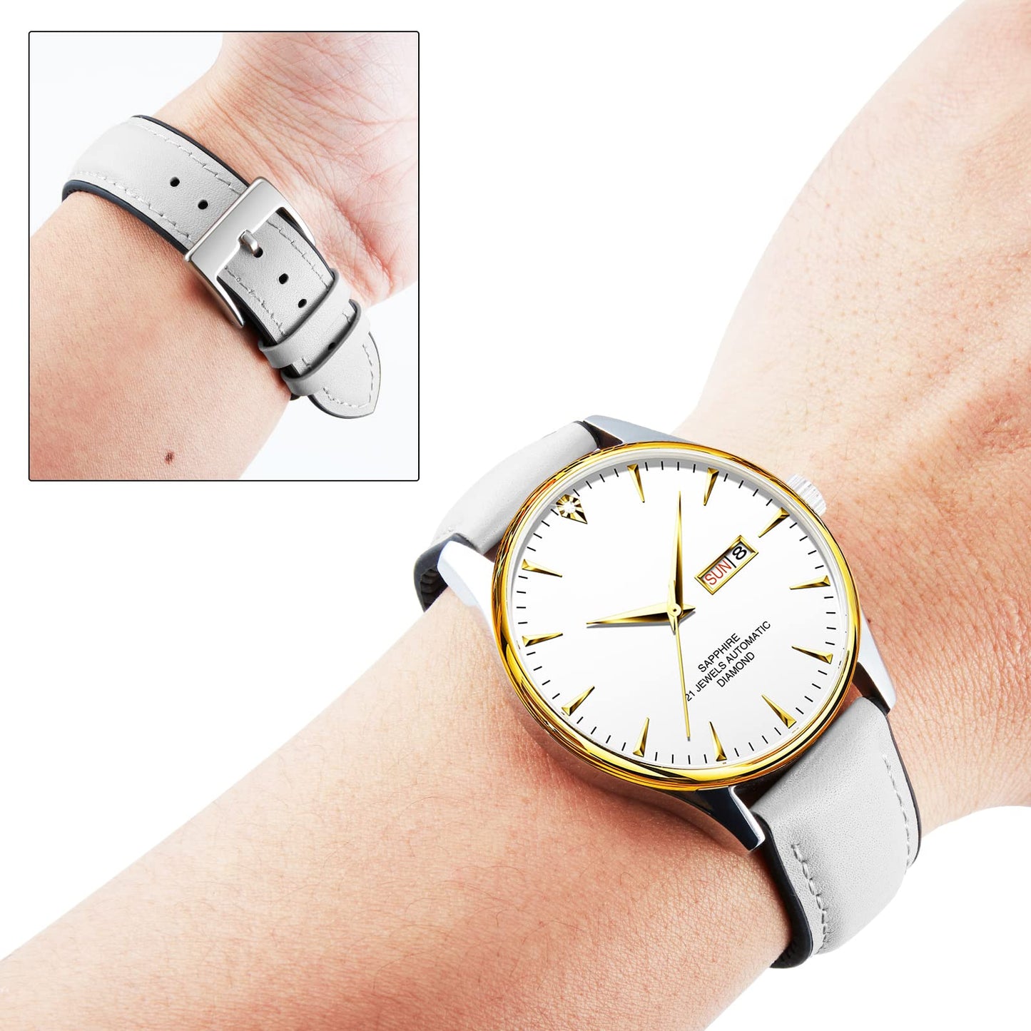 BINLUN Leather Watch Bands Quick Release 14mm-22mm Breathable Micro-Perforated Leather & Rubber Hybrid Watch Straps Silicone-Lined SmartWatch Replacement Bands Men Women (White,Sliver Buckle,22mm)