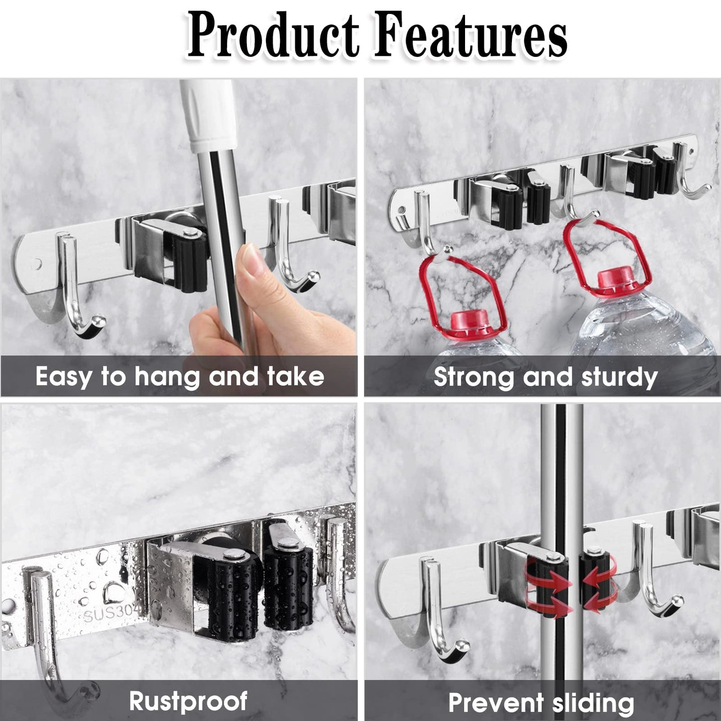 AceMining 5 Racks and 4 Hooks Mop and Broom Holder Wall Mount, Broom Organizer Storage Tool Racks Stainless Steel Heavy Duty Hooks Self Adhesive Solid Non-slip for Home Kitchen Garden Laundry Garage