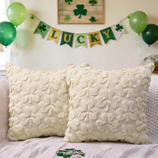 Heirloom Haven St Patrick’s Day Pillow Covers Set of 2,Beige Shamrock Irish Soft Plush Fluffy Faux Fur Jacquard Decorative St. Patrick’s Day Holiday Farmhouse Cushion Case for Sofa 18 x 18 Inch