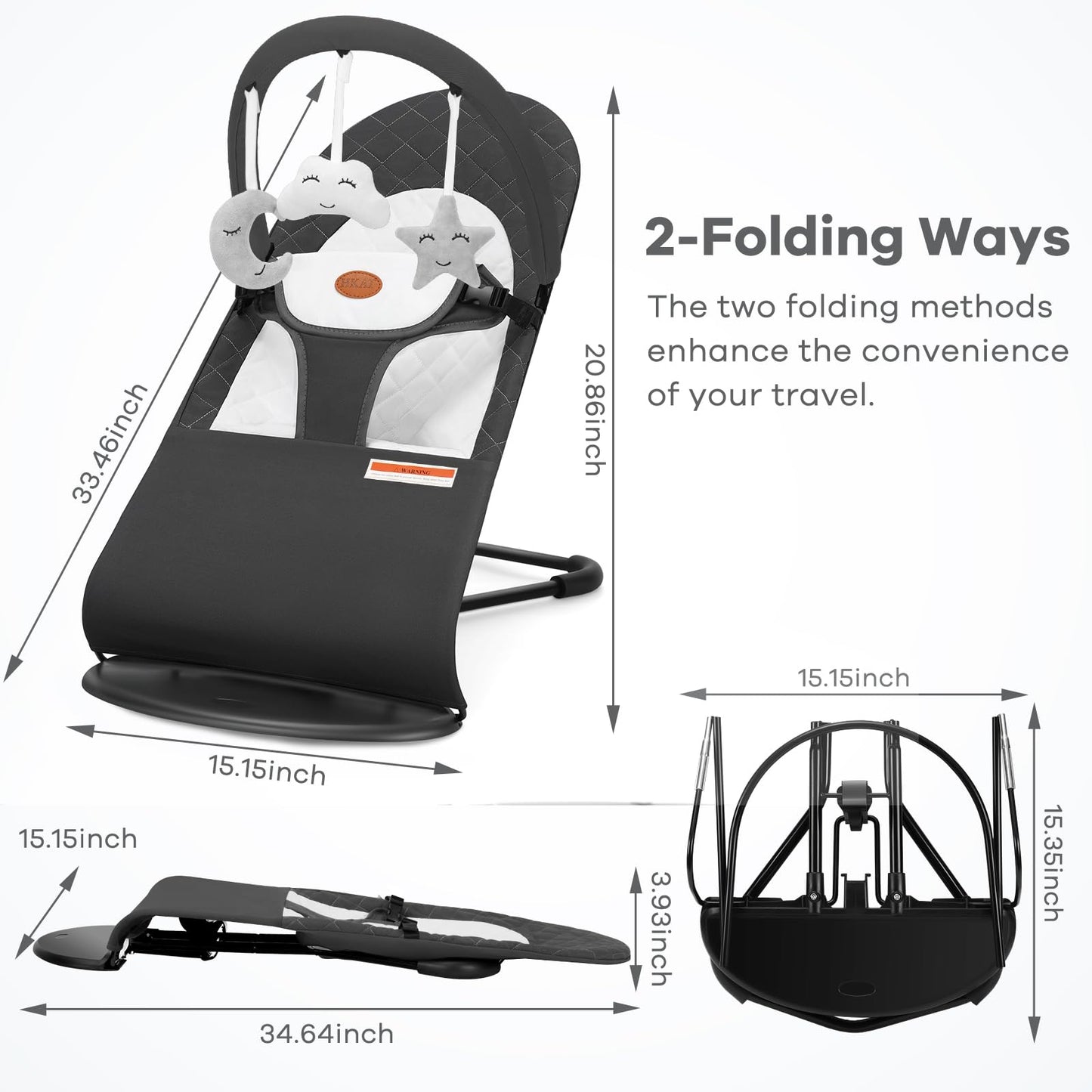 HKAI Baby Bouncer, Portable Baby Bouncer Seat for Babies 0-18 Months, 100% Cotton Fabrics, 3 Modes of use with Rocker and Stationary Options, Infant Rocker Chair with Hanging Toys-Dark Grey