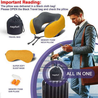 napfun Neck Pillow for Traveling, Upgraded Travel Neck Pillow for Airplane 100% Pure Memory Foam Travel Pillow for Flight Headrest Sleep, Portable Plane Accessories, Light Grey