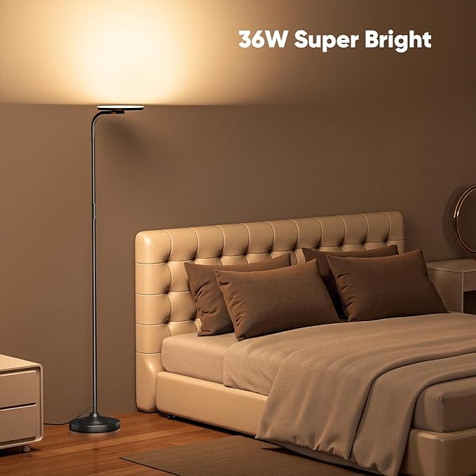 36W LED Floor Lamp, Upgrade Super Bright Standing Lamp, Modern Stepless Dimmable Torchiere Tall Lamp with Remote Control, 350°Rotating Head Reading Floor Lamp for Living Room, Bedroom, Office