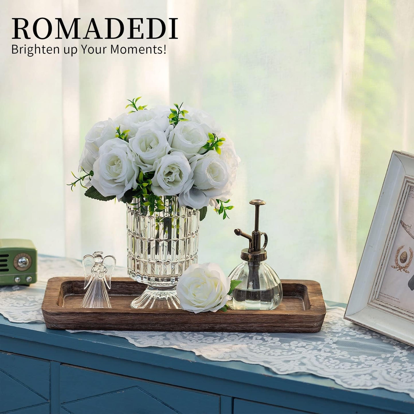 Romadedi Wooden Decorative Tray Candle Holder - Wood Long Narrow Tray Home Decor Small Rustic Centerpieces Trays for Coffee Table Dining Room Kitchen