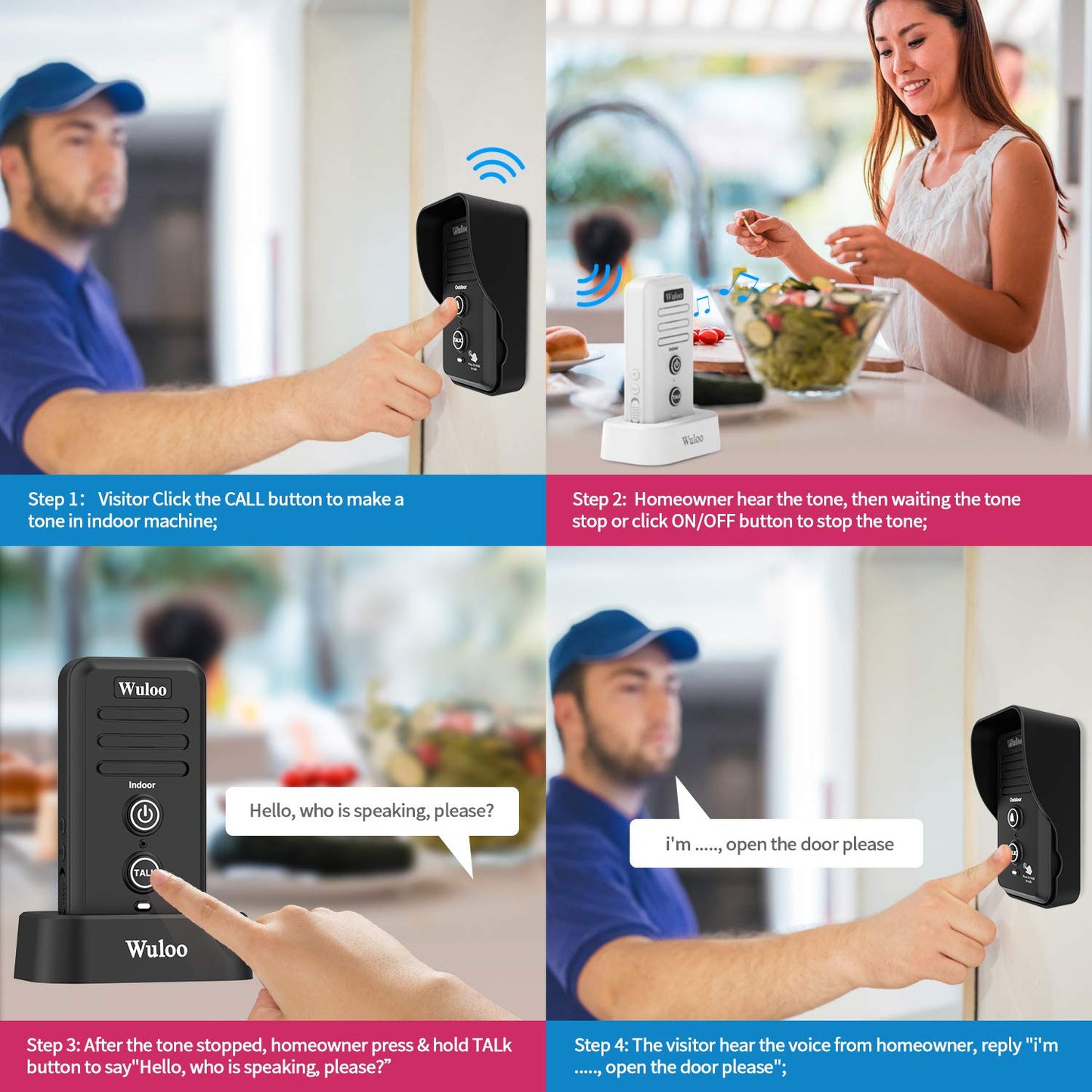 Wuloo Wireless Intercom Doorbell Chime for Home Intercomunicador (1&1-White)