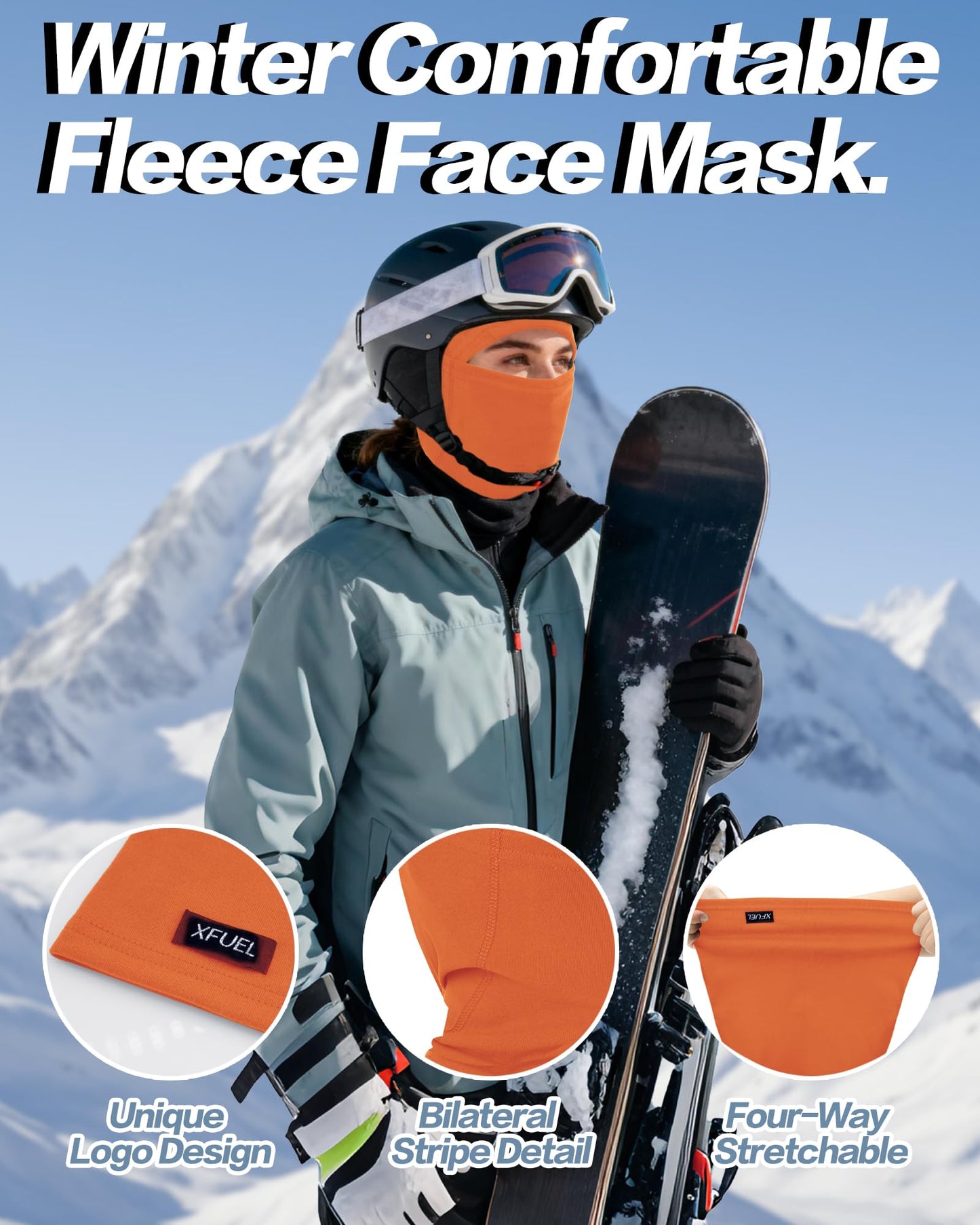 XFUEL Ski Mask Balaclava for Men Women Windproof Thermal Winter Full Face Mask Cold Weather Skiing Snowboarding Neck Gaiter (US, Alpha, One Size, Medium, Black+Orange)