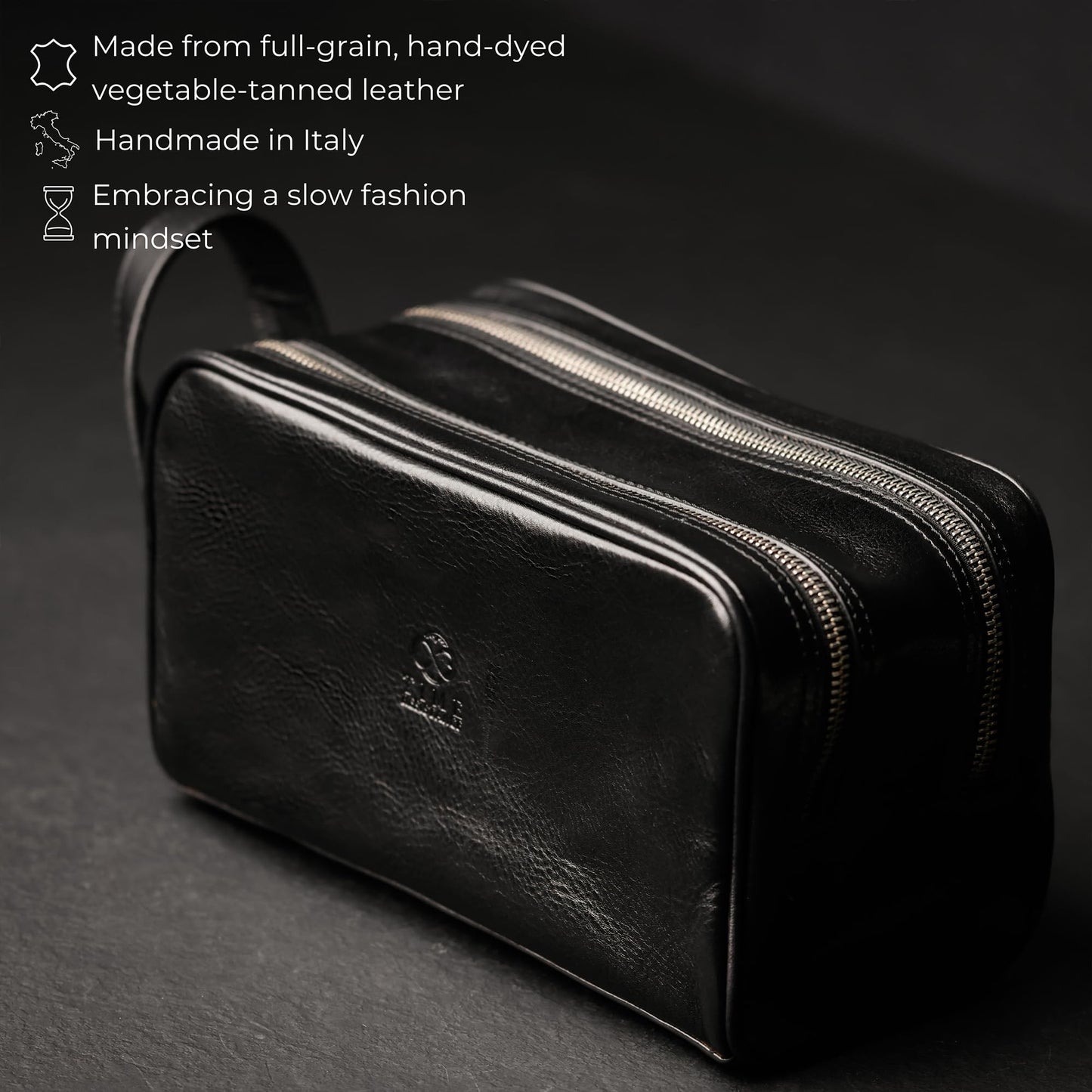 Time Resistance Leather Cosmetic Bag - Italian Toiletry Dopp Kit (Black)
