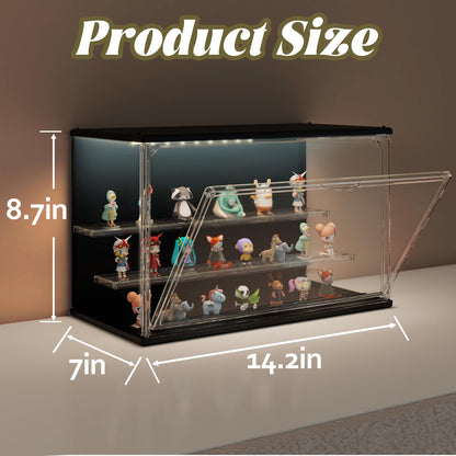 VERSSURE Clear Display Case for Collectibles, 3-Tier Adjustable Figure Display Case with LED Light, Stackable Acrylic Showcase with Magnetic Door for Jewelry,Collectibles (Black, 1 Pack-8.7" H)