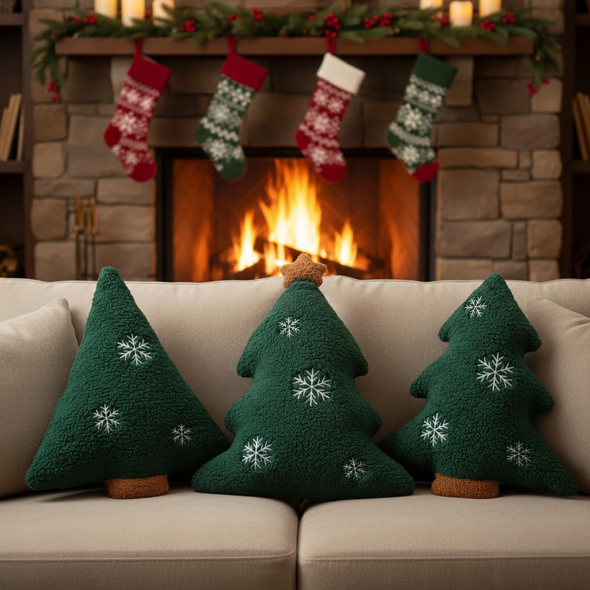 LARMOY 3 Pcs Christmas Tree Throw Pillows, 16" Cute Plush Stuffed Xmas Tree Shaped Decorative Pillows with Snowflake for Bedroom Outdoor Sofa Couch Home Winter Party Cushion Decorations