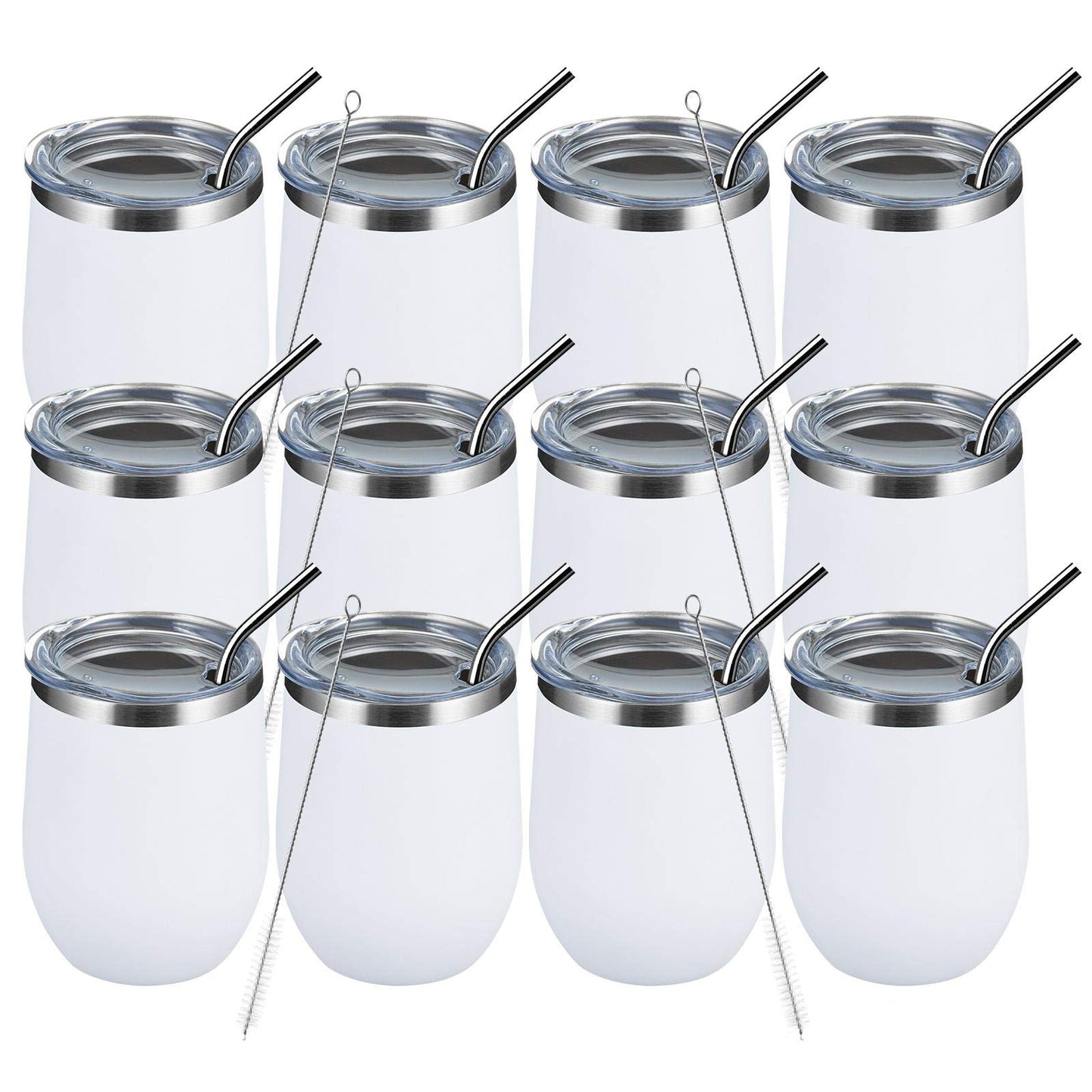 MEWAY 12 OZ/12 Pack Wine Tumbler Glasses with Lid -Double Wall Vacuum Stainless Steel Travel Tumbler Mug,Stemless Insulated Wine Cup for,Coffee,Cocktails,Gifts (White,Set of 12)
