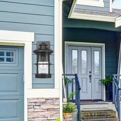 Outdoor Wall Sconces, Dusk to Dawn Outdoor Wall Lights, Exterior Wall Mount Lighting, Wall Light Fixture in Black Finish with Seeded Glass, 2 Pack, DDLTM-W-2Pack