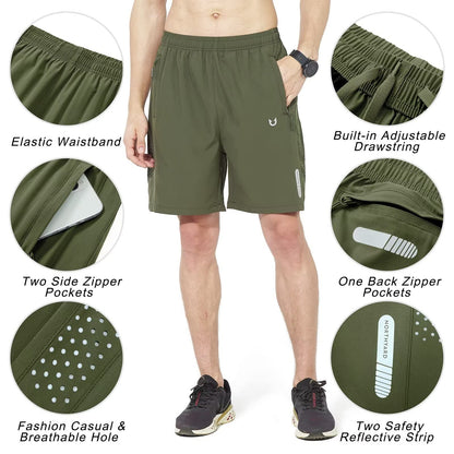 NORTHYARD Men's Athletic Running Shorts Gym Workout 7"/9"/5" Quick Dry Lightweight Sports Basketball Tennis 3 Zipper Pockets ArmyGreen L