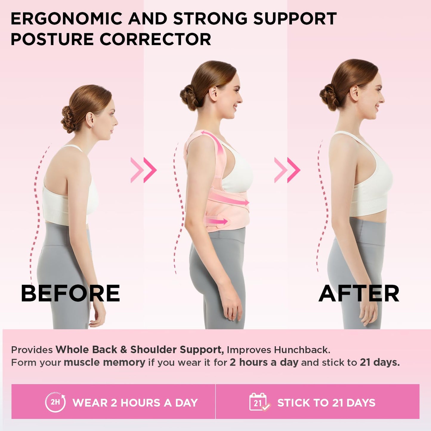 Vicorrect Posture Corrector for Women and Men: Back Support Brace Upper Back Shoulders Pain Relif (Pink, Large)