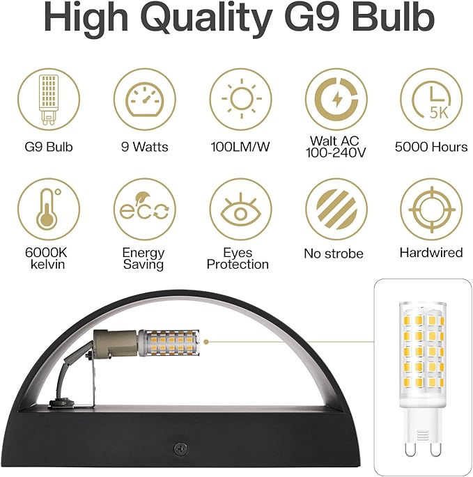 8 Pack Black Modern LED Wall Sconces, 6000K Cool White Hardwired Interior Wall Lights Up and Down Wall Mount Light for Bedroom,Living Room, Hallway(with G9 Bulbs)