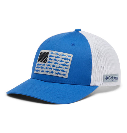 Columbia Unisex PFG Fish Flag Mesh Ball Cap - Low, Vivid Blue/White/US Fish Flag, Small/Medium