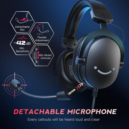 FIFINE PC Gaming Headset, USB Headset with 7.1 Surround Sound, Detachable Microphone, Control Box, 3.5mm Headphones Jack, Over-Ear Wired Headphones for PS5/Xbox/Switch, Black-AmpliGame H9