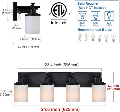 MELUCEE 4-Light Black Bathroom Light Fixture, Modern Bathroom Vanity Lights Over Mirror with Milky White Glass Shade, Farmhouse Wall Mounted Lamp for Dressing Room Living Room Hallway